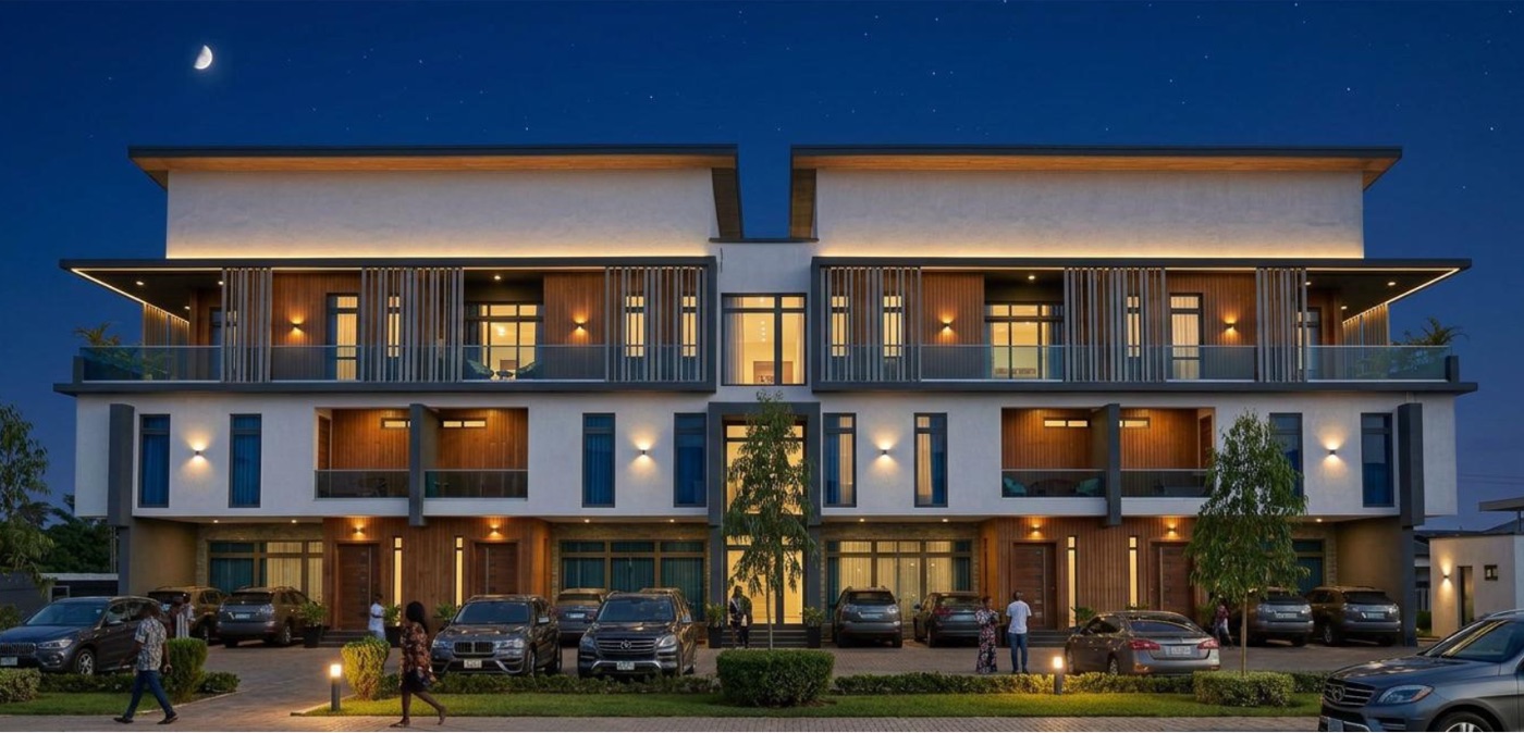 Harmel Court exterior at dusk